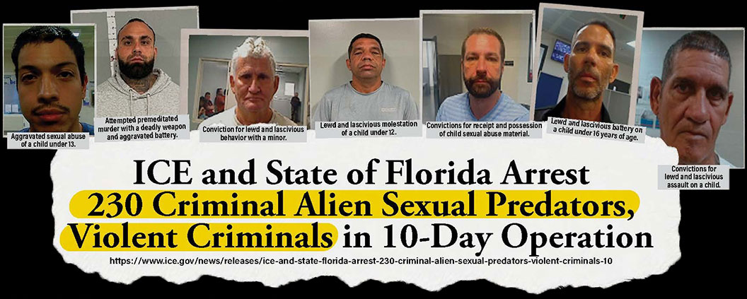 Criminal mugshots with headline: &ldquo;ICE and State of Florida Arrest 230 Criminal Alien Sexual Predators, Violent Criminals in 10-Day Operation&rdquo;